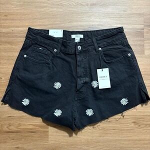 Forever 21 Washed Black Daisy Embroidered Denim Shorts